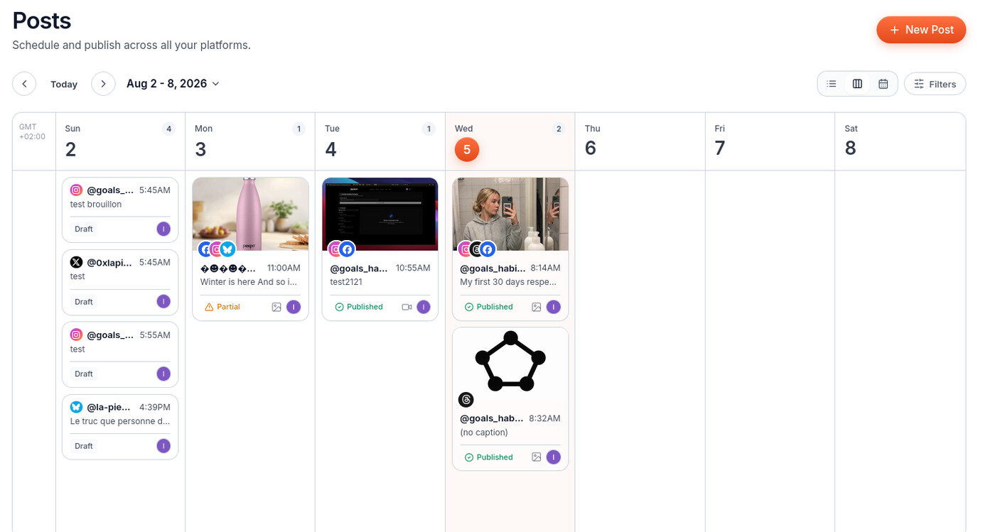 Echoia content calendar with scheduled posts across platforms